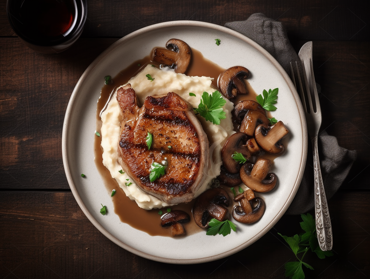 Grillet svinekotelet med blomkålsmos og smørsauterede svampe - Functional Foods