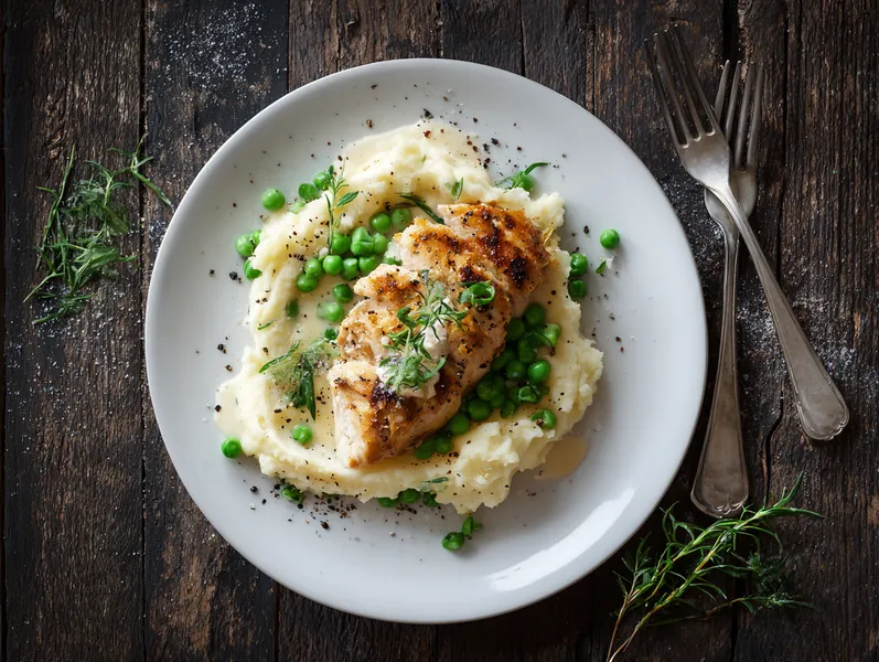 Kylling med cremet kartoffelmos og ærter - Functional Foods