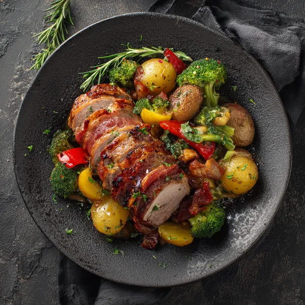 Ovnbagt baconsvøbt svinemørbrad med grøntsager - Functional Foods