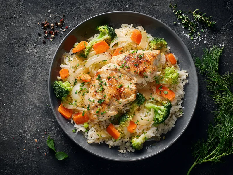 Nem og simpel ovnbagt kylling med grøntsagsris - Functional Foods