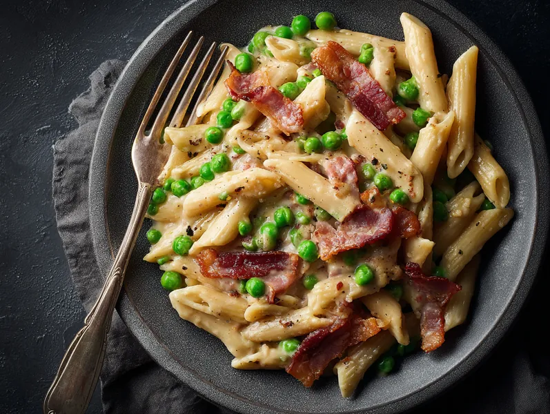 Cremet pasta med bacon og ærter - Functional Foods