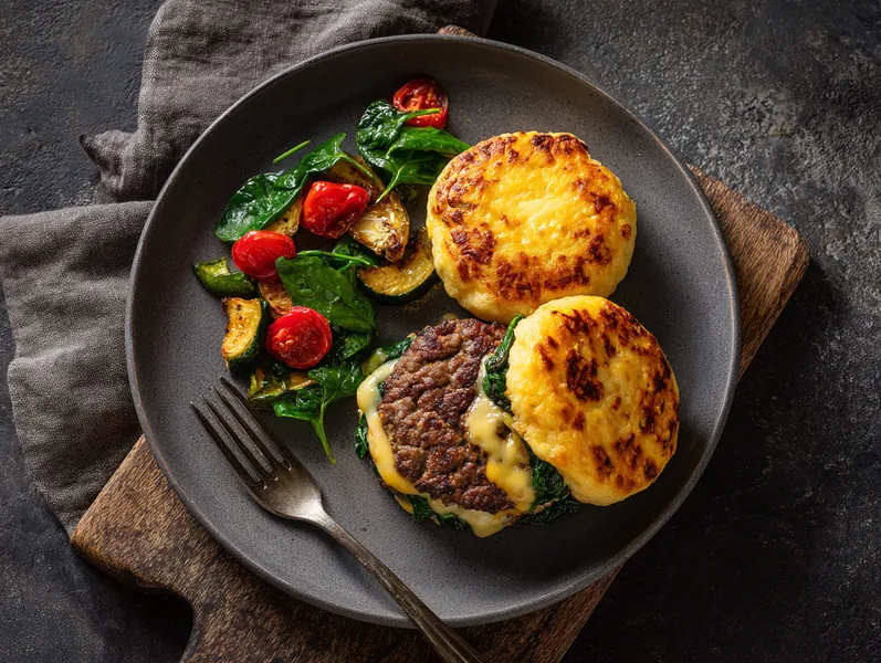 Keto bøf-burger med ost og grøntsagsblanding - Functional Foods