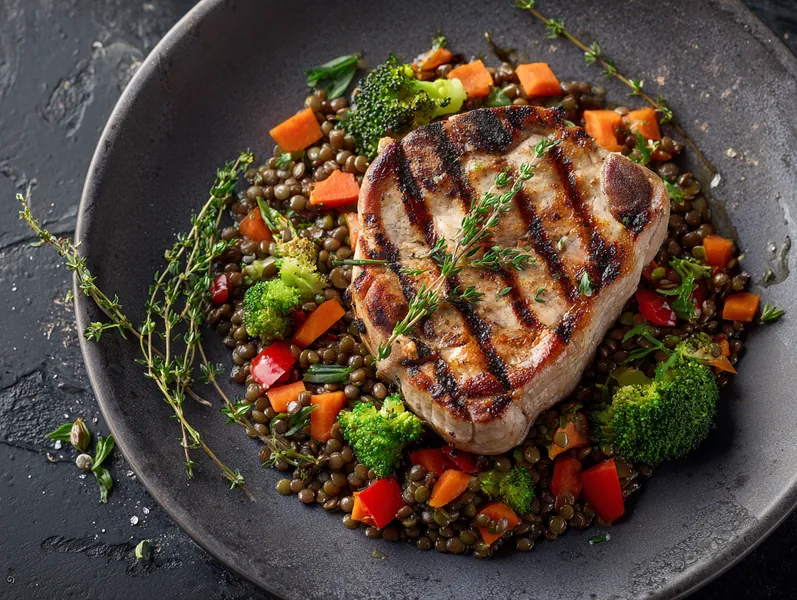 Proteinrige svinekotelet med linser og grøntsager - Functional Foods