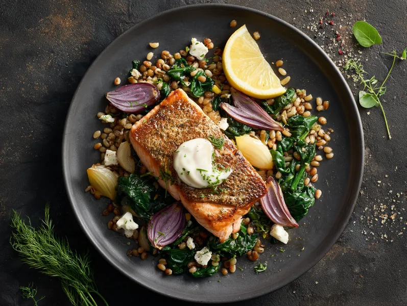 Stegt laks med spinat og mættende perlebyg - Functional Foods