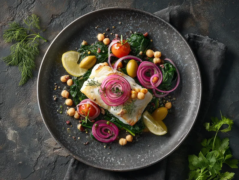 Bagt torsk med spinat og kikærtesalat - Functional Foods