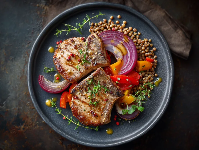 Honning-marineret svinekotelet med perlespelt og grillede grøntsager - Functional Foods