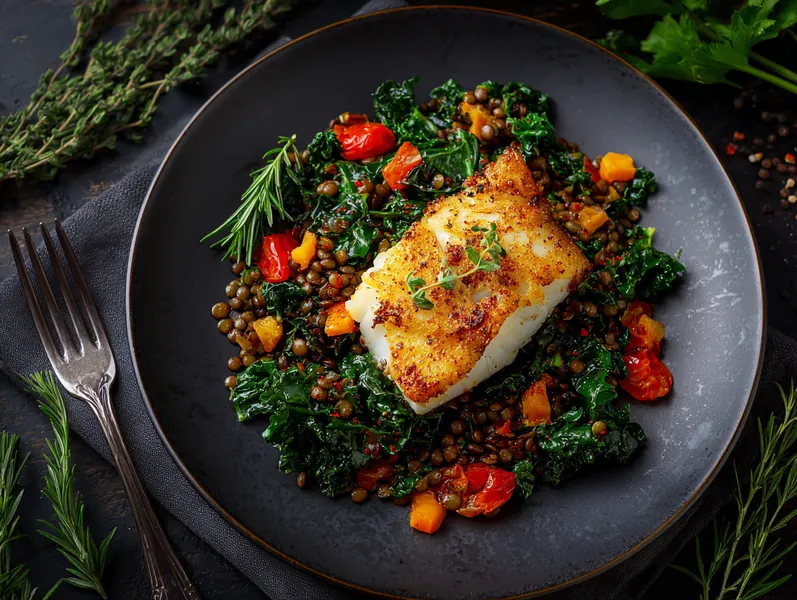 Krydret torsk med grønkål og linser - Functional Foods