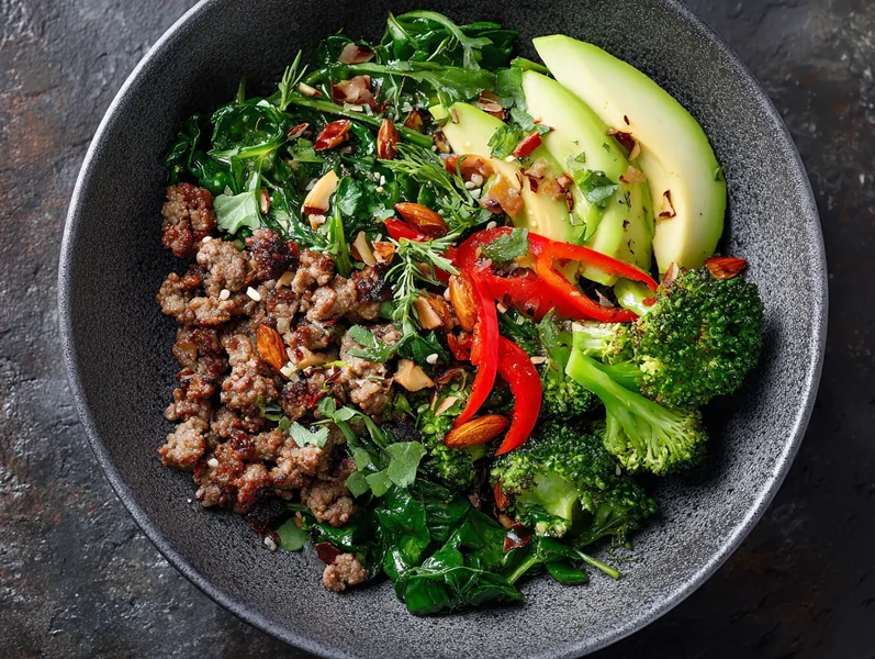 Keto bowl med oksekød, avocado, spinat og sojamayo - Functional Foods