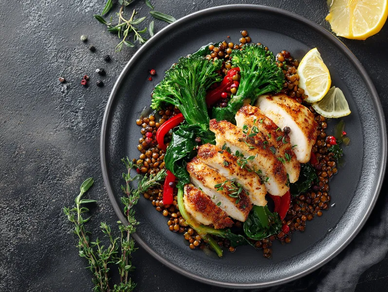 Kylling med bund af røde linser og grøntsager - Functional Foods