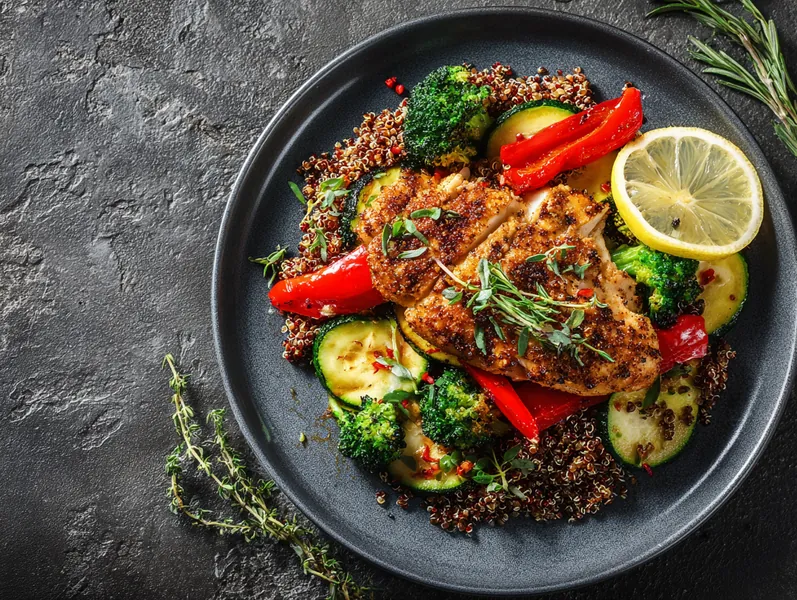 Stegt kylling med quinoa og grillede grøntsager - Functional Foods