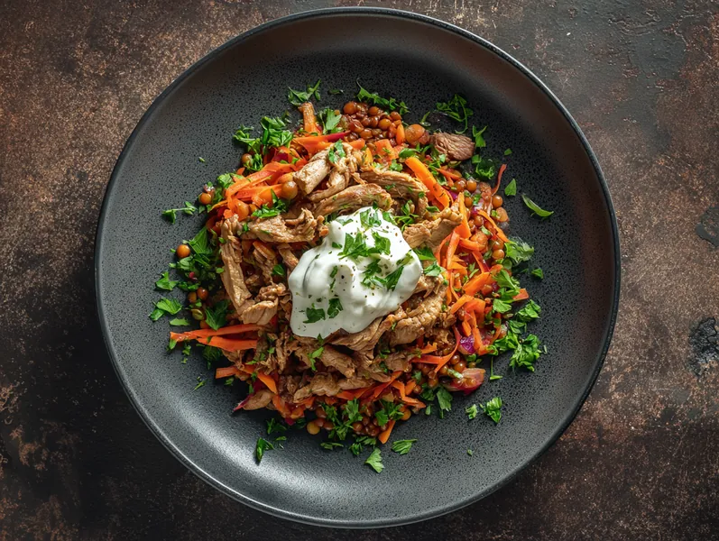 Middelhavsbowl med svinekød og røde linser - Functional Foods