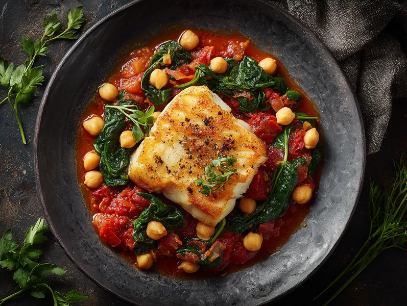 Torsk i tomatsauce med spinat og kikærter - Functional Foods