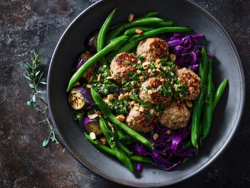 Kyllingefrikadelle bowl med grillede grøntsager og mandel-gremolata - Functional Foods