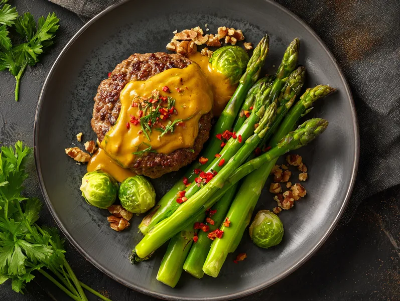 Hakkebøf med asparges og rosenkål i karrykokos - Functional Foods