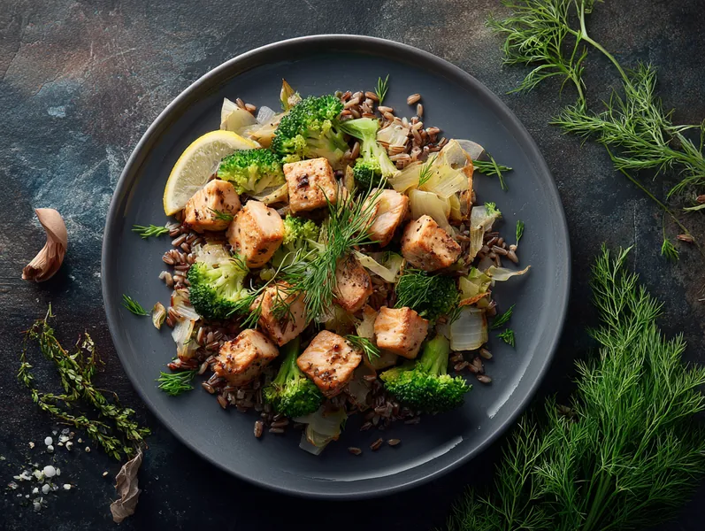 Kylling og fennikel i nordisk salat med lille portion fuldkornsris - Functional Foods