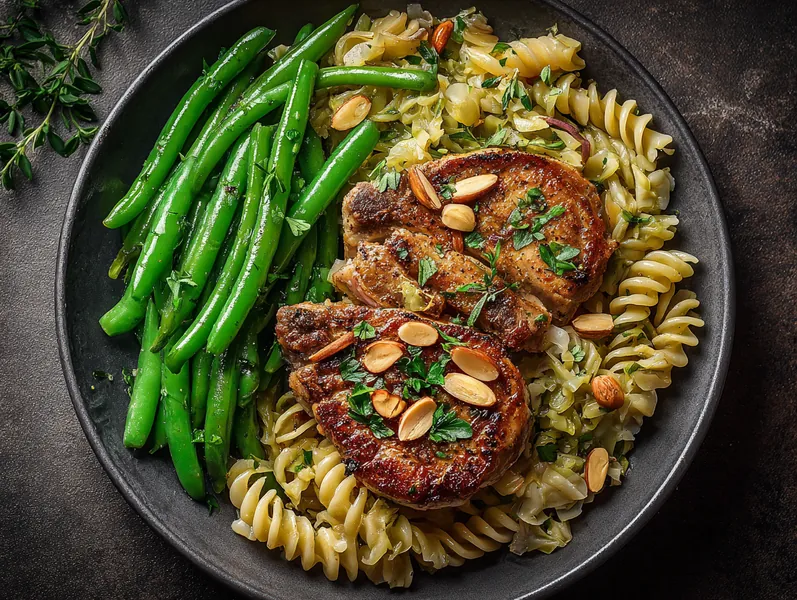 Grønne bønner og hvidløgsmarineret svinekoteletter i ovn med fuldkorns fusilli - Functional Foods