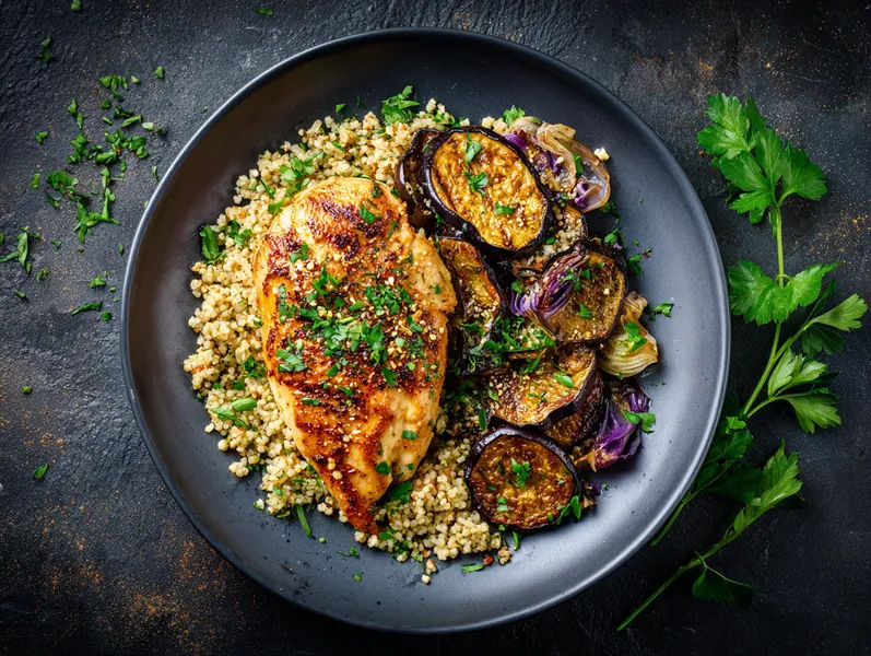 Middelhavs-inspireret linsesheet-pan med kylling og aubergine - Functional Foods
