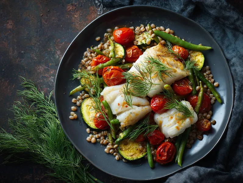 Nordisk sheet-pan med perlespelt og torsk - Functional Foods