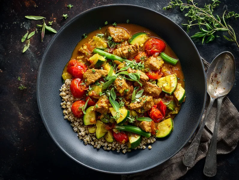 Svinekoteletgryde med mild karry og perlespelt - Functional Foods