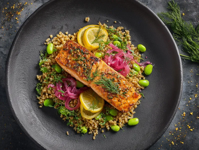 Citron- og dildmarineret laks med fuldkornsbulgur og edamame - Functional Foods