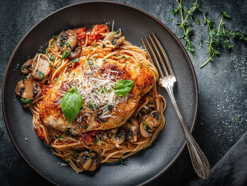 Italiensk ovnbagt kylling med svampe og fuldkornspasta - Functional Foods