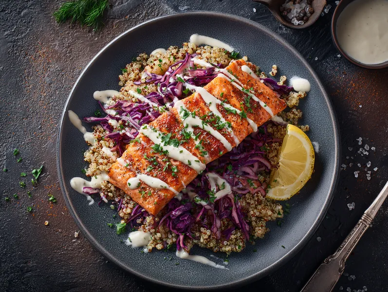 Grillet laks med quinoa og tahin-dressing - Functional Foods