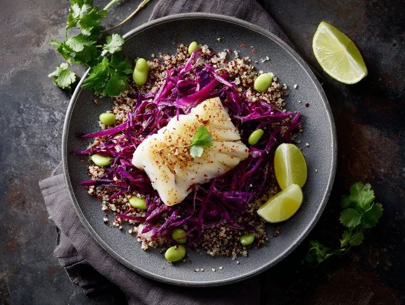 Mexicansk inspireret ovnbagt torsk med ris og rødkål - Functional Foods