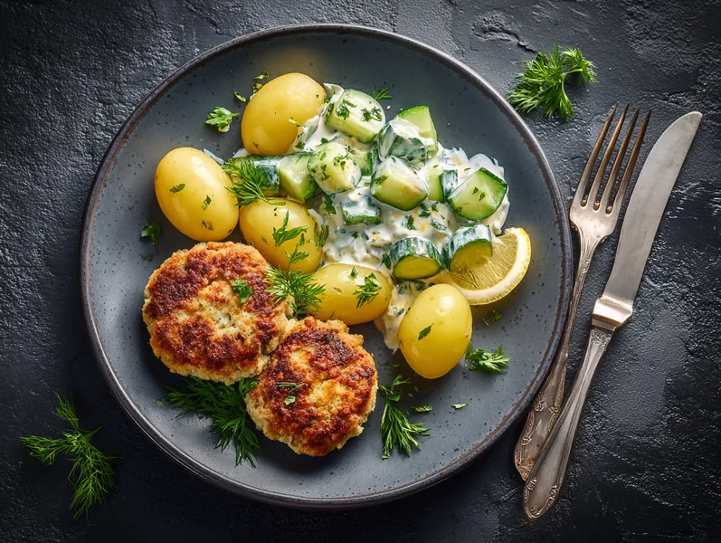 Fiskefrikadeller med kartofler og agurksalat - Functional Foods
