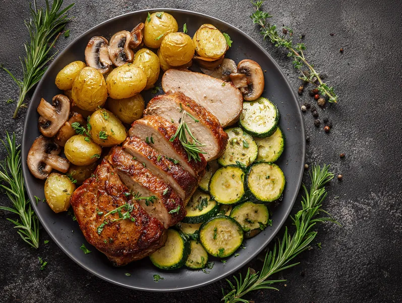 Ovnbagt svinekotelet med squash og rosmarinkartofler - Functional Foods