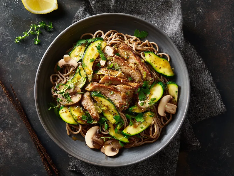 Honning-sennep svinekoteletter med squash og nudler - Functional Foods
