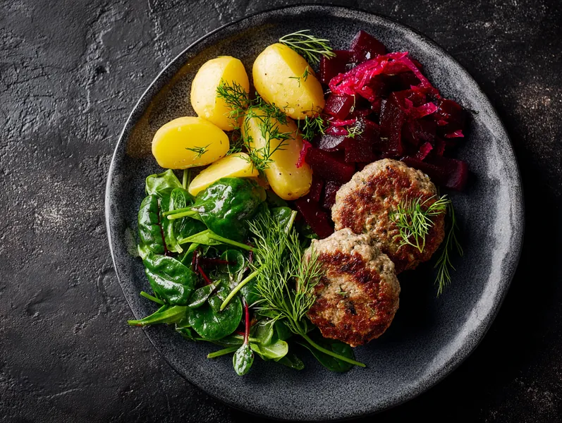 Frikadeller med kogte kartofler og rødbedesalat - Functional Foods