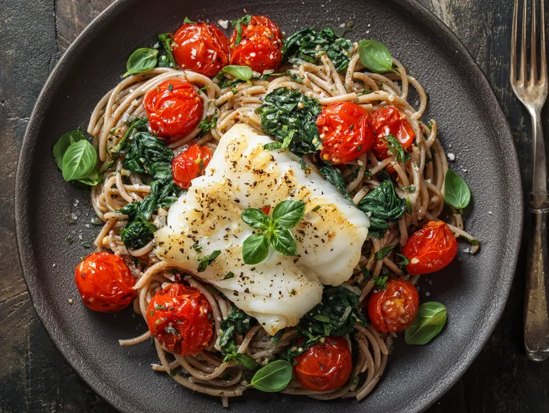 Bagt torsk med tomat og basilikum pasta - Functional Foods