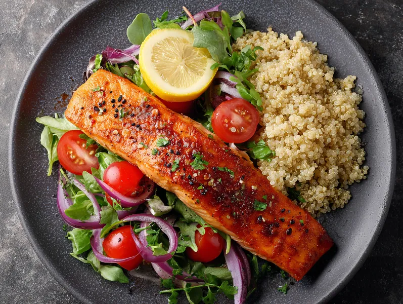 Pandestegt laks med quinoa og salat - Functional Foods