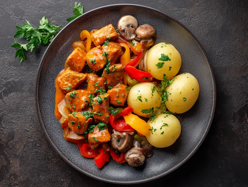 Mild paprika svinegryde med champignon og kartofler - Functional Foods