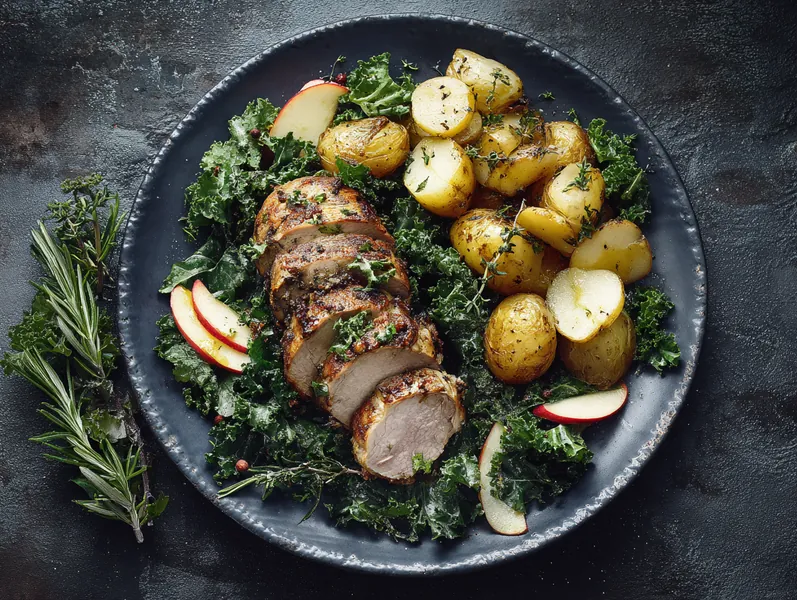 Ovnstegt svinemørbrad med rosmarin kartofler og grønkålssalat - Functional Foods