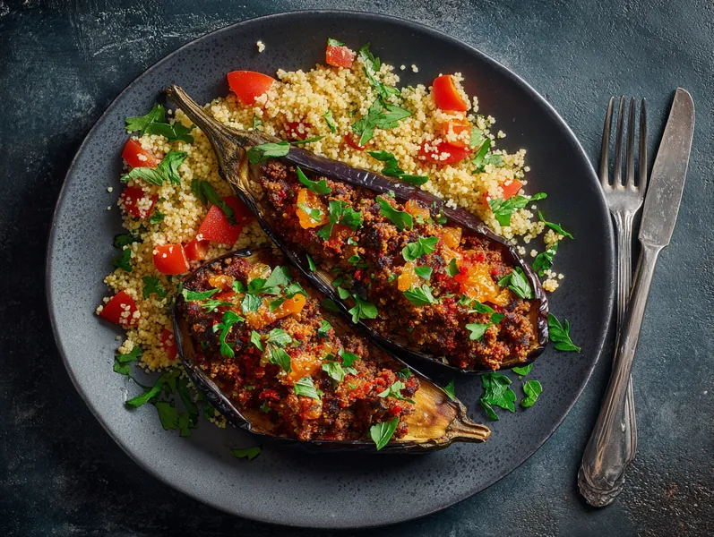 Krydrede oksekødsfyldte auberginer med couscous - Functional Foods