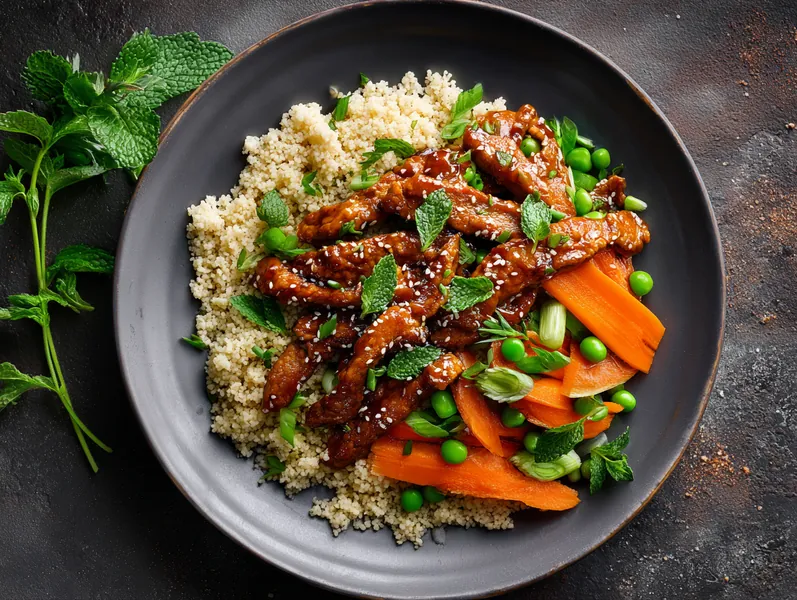 Lynstegt svinekød med senneps-honning sauce og couscous - Functional Foods