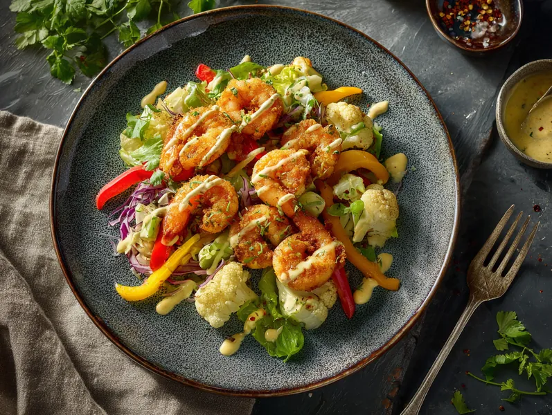 Stegte rejer med peberfrugt og blomkålssalat - Functional Foods