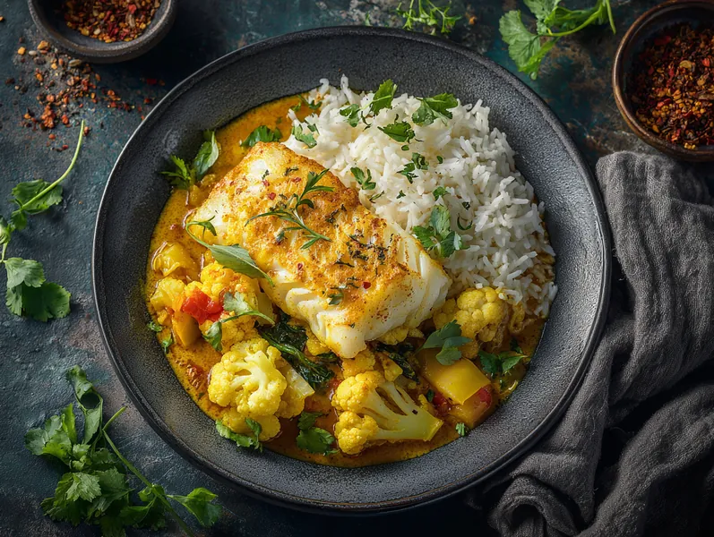 Mild karry-bagt torsk med pastinak og jasminris - Functional Foods