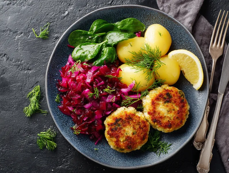 Fiskefrikadeller med kartofler og rødbedesalat - Functional Foods