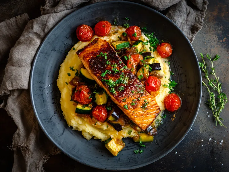 Ovnbagt balsamico-laks med ratatouille og kartoffelmos - Functional Foods