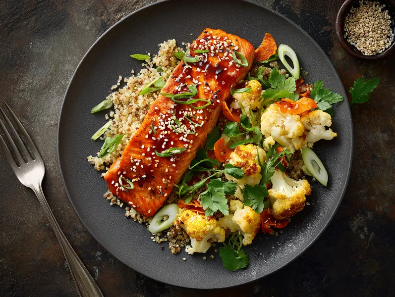 Bagt laks med sesam-ingefær og blomkålssalat - Functional Foods