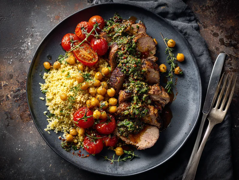 Gremolata salat med svinekød og krydrede kikærter samt couscous - Functional Foods