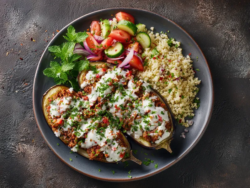 Tyrkisk inspireret auberginebåde med mynteyoghurt og bulgur - Functional Foods