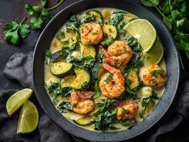 Thailandsk kokos-karry med rejer og grønkål - Functional Foods