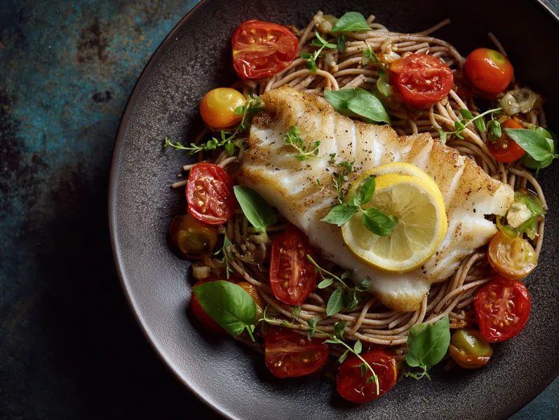Pandestegt torsk med tomat-basilikum pasta - Functional Foods