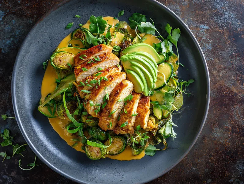 Asiatisk inspireret krydret kyllingesalat med ristede rosenkål - Functional Foods