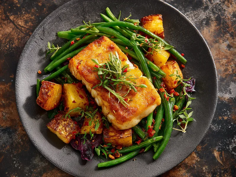 Ovnbagt spicy torsk med paprikakartofler og grønne bønner - Functional Foods