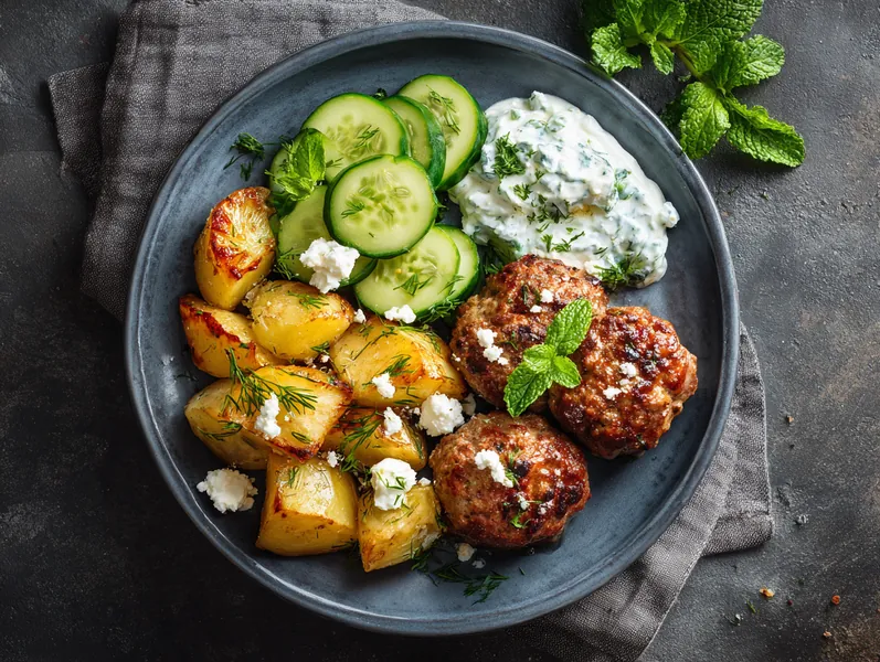 Græske kødboller med tzatziki og ovnbagte kartofler - Functional Foods