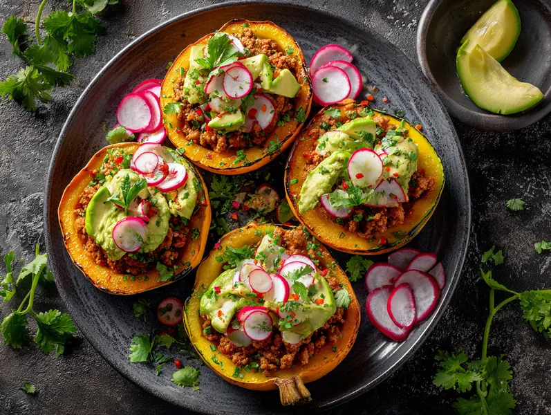Fyldte squash med røget paprika kød og avocado-topping - Functional Foods